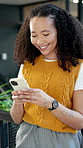 Smile, woman and realtor in office with phone, research and email client for viewing schedule. Happy, person and typing in workplace with mobile, buyer inquiry and pricing property for auction offer