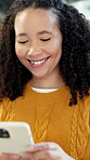 Woman, realtor and reading in office with phone, research and email client for viewing schedule. Smile, person or typing in workplace with mobile, buyer inquiry and pricing property for auction offer