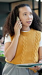 Creative, phone call and woman with tablet in office, public relations or communication with contact. Business, media manager and person with mobile, discussion and planning for pr campaign with tech
