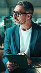 Thinking, business and mature man on tablet for investment, financial planning and risk assessment. Corporate, office and person on tech for research, finance report and audit for budget proposal