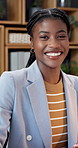 Creative, face and businesswoman in office, laughing or confident with smile for career development. Public relations, portrait and black person with ambition, opportunity and happy employee in Kenya
