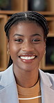 Creative, face and businesswoman in business, laugh and confident with smile for career development. Public relations, portrait and black person with ambition, opportunity and happy employee in Kenya