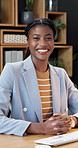 Creative, face and businesswoman with smile in business, publicist and confident with career growth. Public relations, portrait and black person with computer, typing and happy for project in Kenya