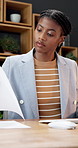 Reading, documents and businesswoman with computer in office, tax planning or financial forecasting. Business, accountant and black person with tech, budget and paperwork review for audit preparation