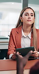 Woman, tablet and meeting  in office for interview, recruitment and human resources agreement. Candidate, management and hiring with job offer, opportunity and digital tech for onboarding process