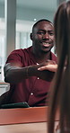 Interview, man and handshake in office for hiring agreement, welcome and job opportunity with tech. Smile, person and shaking hands with candidate for recruitment offer, onboarding and HR tablet