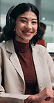 Laptop, face and woman in call center with smile, typing and online assistance for customer care. Computer, telecom and portrait of happy person with headset, help or coworking with support agent