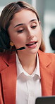Laptop, customer service and woman in call center for support, account assistance or financial query. Computer, contact us and person with headset in office for banking help, talking and coworking