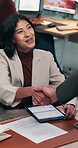 Handshake, woman and tablet screen in office for interview, recruitment and human resources meeting. Candidate, shaking hands and tech with job offer, opportunity and document for onboarding process