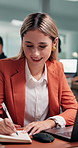 Business, woman and notebook in office with laptop, research and witness statement for legal trial. Lawyer, coworking and writing notes at law firm with pc, court case and evidence report for justice