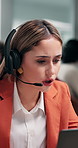 Laptop, customer service and woman in call center for help, account assistance or financial feedback. Computer, contact us and person with headset in office for banking support, talking and coworking