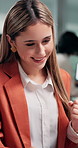Business, woman and fist pump in office with laptop, research and witness approval for legal trial. Smile, lawyer or coworking at law firm with tech, court case and achievement for justice settlement