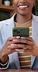 Hands, typing and businesswoman with phone in business, digital marketing and chatting with contact. Employee, laughing and black person with mobile, texting and funny ad campaign on social media app