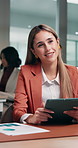 Woman, tablet and graphs in office for interview, recruitment and human resources agreement. Candidate, coworking and hiring with assessment, opportunity and digital tech for onboarding process