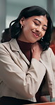 Business, woman and discomfort in office with neck pain, poor posture and strain from burnout. Person, coworking and inflammation in workplace with shoulder stiffness, fibromyalgia and joint fatigue