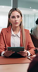 Client, woman and tablet in office for consulting, pre screening questions or insurance coverage. Coworking, advisor and chat to person with tech for policy plan, risk assessment or premium benefits