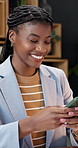 Businesswoman, laughing and chat with phone in business, digital marketing and message with contact. Happy, employee and black person with mobile, texting and funny ad campaign on social media app
