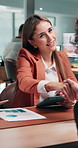 Handshake, woman and graphs in office for recruitment, interview and human resources agreement. Candidate, shaking hands and hiring with tablet, opportunity and document for onboarding process