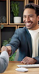 Handshake, meeting and smile with business man in office for interview, job opportunity and candidate. Hr onboarding, recruitment and shaking hands with employees in agency for vacancy offer