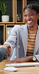 Handshake, meeting and smile with business woman in office for interview, job opportunity and candidate. Hr onboarding, recruitment and shaking hands with employees in agency for vacancy offer