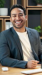 Creative, face and businessman with smile in business, publicist and research with computer or info. Public relations, portrait and happy person with tech, typing and laughing with project in USA