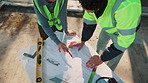 Blueprint, people and above documents at construction site for architecture, review and upgrade. Team, floor plan and supervisor with strategy for engineering and inspection with paperwork outdoor