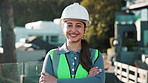 Face, woman and construction engineer with confidence outdoor, smile and building development. Contractor, arms crossed and happy female person at site, pride or engineering supervisor laughing