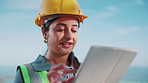 Tablet, construction worker or woman outdoor with architecture app, design update shock or scroll. Tech, smile or person with development review for project schedule, inspection checklist or surprise
