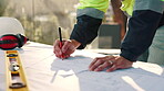 Floor plan, hands and review documents at construction site for architecture, upgrade and flare. Notes, blueprint and supervisor person with strategy for engineering or building proposal evaluation