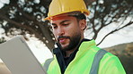 Tablet, construction worker and man outdoor for digital blueprint, real time update and flare. Tech, smile and person with development app for project schedule, inspection checklist or log progress