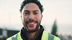 Construction, face and happy man outdoor with pride, contractor and ambition in building renovation. Portrait, space and engineer with confidence, developer and about us in remodeling industry.