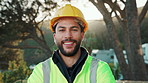 Construction, face and man outdoor with hardhat, contractor and ambition in building renovation. Portrait, flare and happy engineer with confidence, developer and about us in remodeling industry.