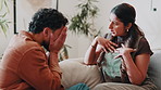 Argument, angry and couple on sofa with fight, disagreement and conflict in toxic relationship. Upset, partner and people in house with issue, tension and emotional confrontation in marriage.