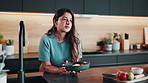 Smile, woman and eating in kitchen for breakfast, healthy food or balanced nutrition for digestion. Thinking, person and fruits at house with granola, dietary fibre and antioxidants meal for wellness