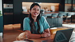 Remote work, face or woman in home with laptop, ads specialist or ambition in business growth. Happy, portrait or branding freelancer with tech, campaign expert or confidence in marketing industry.