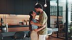 Dancing, love and couple in kitchen at house for bonding, happiness or marriage on weekend. Smile, connection and man with woman for moving to music, playlist or radio for relationship together.