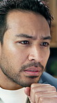 Office, problem solving and business man with idea, contemplating solution or investment planning. Thinking, perspective and serious male person in company for financial decision, doubt or reading