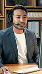 Headset, office and business man on computer for finance consulting, investment advice and contact us. Happy, talking and person on tech for client service, stock trading options and loan support