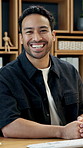Creative, face and businessman with computer in office, publicist and research with smile or online. Public relations, portrait and happy person with tech, typing and laughing with project in Mexico