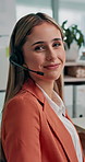 Happy, face and business woman with headset for financial consulting, help and loan service. Smile, portrait and person in office for virtual assistance, contact us and support as finance advisor