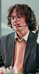 Headset, talking and business man in office for financial consulting, help and loan service. Happy, call center and person with mic for virtual assistance, contact us and support as finance advisor
