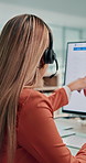 Computer screen, telemarketing and woman in call center for sales, talking or subscription offer. Consultant, desktop and female person in office for membership info, telesales or outbound marketing