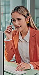 Headset, talking and business woman on computer for financial consulting, help and loan service. Tech, call center and person with mic for virtual assistance, contact us or support as finance advisor