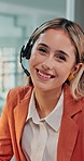 Headset, happy and face of woman in office for consulting, advice and help at real estate agency. Portrait, call center and person for contact us, virtual assistance and support for property faq