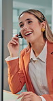 Headset, talking and business woman on computer for online consulting, customer support and help. Happy, call center and person with mic for contact us, virtual assistance and client support for faq