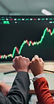 Trading, computer screen and fist bump with hands in office for stock market growth, team and price profit. Momentum indicator, candlestick update and trader chart with people in agency for trend