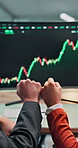 Investment, computer screen and fist bump with hands in office for stock market growth, team and price profit. Momentum indicator, candlestick update and trader chart with people in agency for trend