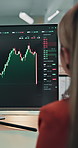 Trading, computer screen and back of business people in office for stock market growth, team and price profit. Momentum indicator, candlestick update and trader chart with employees in agency