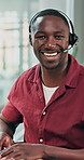 Happy, face and black man in office with headset for online consulting, customer service and help. Portrait, call center and person with mic for contact us, virtual assistance and tech support