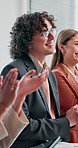 Applause, happy and man with business people in workshop, meeting success and presentation. Audience, creative agency and workers clapping hands for achievement, seminar and team building goals